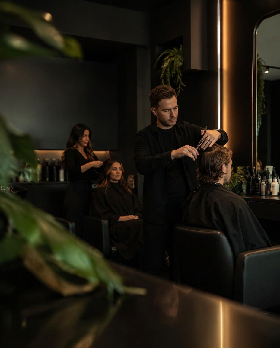 Salão moderno atendendo clientes homens e mulheres